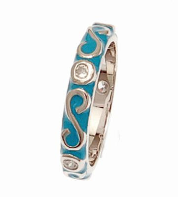 Trendy Sterling Silver With Rhodium Overlay Turquoise Enamel Swirl Shaped Cz Ring Size 8.