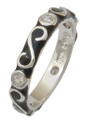 Dainty Sterling Silver With Rhodium Overlay Black Enamel Cz Swirl Design Band Size 9.