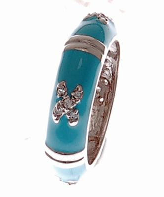 Trendy Sterling Silver With Rhodium Overlay Turquoise Enamel Cz X Design Ring Size 7.