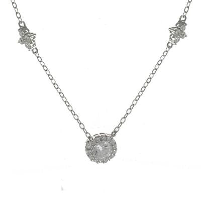 Dainty Sterling Silver With Rhodium Overlay Cz Necklace With Flower Design.