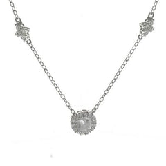 Dainty Sterling Silver With Rhodium Overlay Cz Necklace With Flower Design.