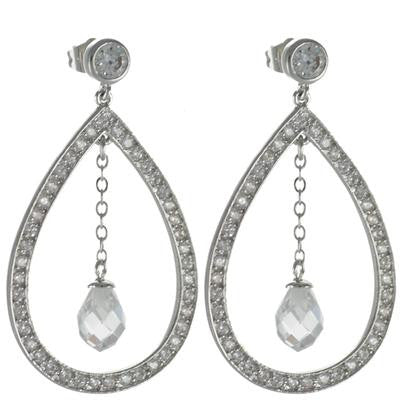 Trendy Brass With Rhodium Overlay Teardrop Shaped Cz Earrings With Cz Dangling In Center.