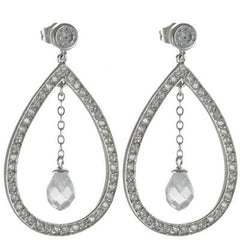 Trendy Brass With Rhodium Overlay Teardrop Shaped Cz Earrings With Cz Dangling In Center.