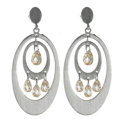Trendy Brass With Brushed Rhodium Overlay Oval Shaped Light Champagne Cz Stone Dangling Earrings.