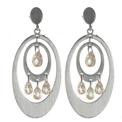 Trendy Brass With Brushed Rhodium Overlay Oval Shaped Light Champagne Cz Stone Dangling Earrings.