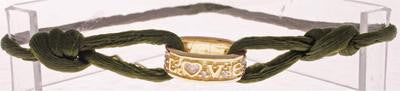 Stylish Sterling Silver With 14K Gold Overlay Olive Green Silk Love Bracelet. Convenient Adjustable Band To Fit Any Wrist Size.