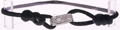 Stylish Sterling Silver Black Silk Love Bracelet. Convenient Adjustable Band To Fit Any Wrist Size. Rhodium Plated To Prevent Tarnishing.