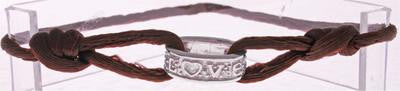 Stylish Sterling Silver Brown Silk Love Bracelet. Convenient Adjustable Band To Fit Any Wrist Size. Rhodium Plated To Prevent Tarnishing.