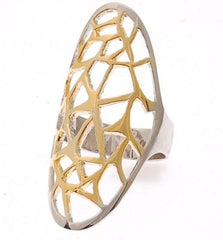 Unique Sterling Silver With A Gold Overlay Two Tone Ring. Beautiful Elongated Design. Rhodium Plated To Prevent Tarnishing.