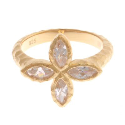 Sterling Silver With Brushed Yellow Gold Overlay Hammered And Bezel-Set Ring That Contains Approximately 2.00 Ct. Of Marquise Shaped White Cz Stones. The Ring Is A Size 6.
