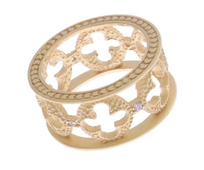 Sterling Silver With Brushed 14 Karat Yellow Gold Overlay And Engraved Detail ''Clovers All Over'' Floral Inspired Cigar Band Ring That Measures Approximately 9.48 Mm Wide. The Ring Contains 6 Prong-Set Sin