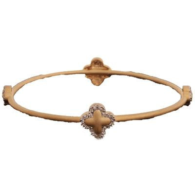 Trendy Two Tone Sterling Silver And 14K Yellow Gold Overlay Bangle. The Bangle Contains 2 Large Clovers And 2 Small Clovers With Pave Design Around With .002Ct X 66 Round Clear Cubic Zirconium Stones. The Ba