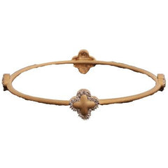 Trendy Two Tone Sterling Silver And 14K Yellow Gold Overlay Bangle. The Bangle Contains 2 Large Clovers And 2 Small Clovers With Pave Design Around With .002Ct X 66 Round Clear Cubic Zirconium Stones. The Ba