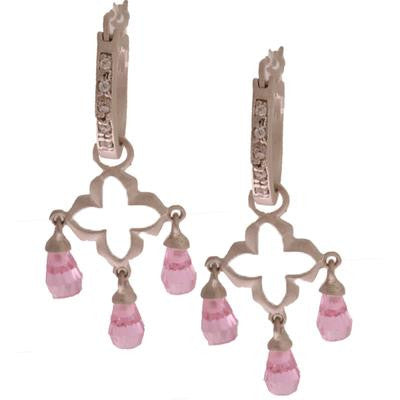 Trendy Sterling Silver With Brushed Rhodium Overlay Briolette Style Hanging Earrings. The Earring Contains .002Ct X 5 Round Clear Cubic Zirconium Stones In Hoop Style Row. A Clover Shaped Cut Out Piece Is At
