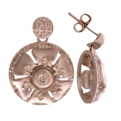 Stylish Sterling Silver With Rhodium Overlay Hanging Flower Shaped Earrings. The Earrings Contain A Oval Like Shaped Hammered Piece On Top Connected To A Post Back And Circle Shaped Flower Hanging With .05C