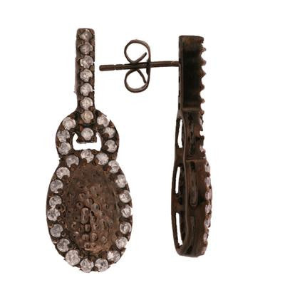 Dainty Sterling Silver With Black Rhodium Overlay Earrings. The Earrings Contain .05Ct X 33 Round Clear Cubic Zirconium Stones With A Oval Like Shaped Hammered Style Center. These Earrings Are Sure To Enhance