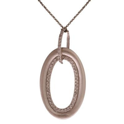 Dazzling Sterling Silver With Brushed Rhodium Overlay Pendant. The Pendant Contains A Hook With .002Ct X 16 Round Clear Stones With An Oval Shaped Piece Hanging With A Border On The Inner Part Of The Pendant