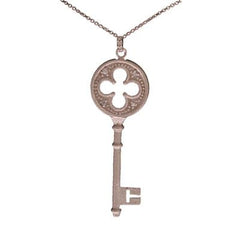 Designer Inspired Trendy Sterling Silver With Brushed Rhodium Overlay Key Pendant. The Pendant Contains A Clover Cut Out In Center And .01Ct X 4 Round Clear Cubic Zirconium Stones Around. The Pendant Is Atta