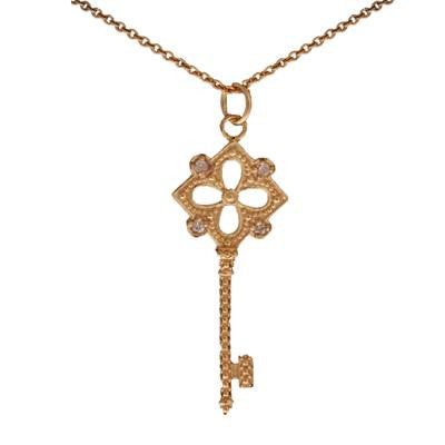 Designer Inspired Dainty Sterling Silver With 14K Yellow Gold Overlay Key Pendant. The Pendant Contains .01Ct X 4 Round Clear Cubic Zirconium Stones And Has A Clover Shaped Cut Out In Center With Roped Style