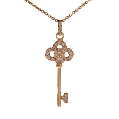 Designer Inspired Dainty Sterling Silver With 14K Yellow Gold Overlay Key Pendant. The Pendant Contains A Clover Shaped Top Part With .002Ct X 15 Round Clear Cubic Zirconium Stones Around And .002Ct X 7 Round