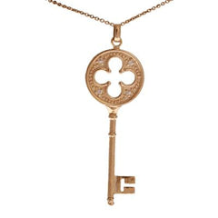 Designer Inspired Trendy Sterling Silver With 14K Yellow Gold Overlay Key Pendant. The Pendant Contains A Circle Top Part With A Clover Shaped Cut Out In Center With .002Ct X 4 Round Clear Cubic Zirconium Sto