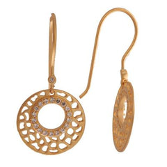 Stylish Sterling Silver With 14K Yellow Gold Overlay Hook Back Style Hanging Earrings. The Earrings Have A Matte Finish And Have A Circle Cut Out Design Piece Hanging With A Circle In Center With .002Ct X 1