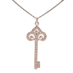 Dainty Designer Inspired Sterling Silver With Rhodium Overlay Key Pendant. The Pendant Contains .01Ct X 42 Round Clear Cubic Zirconium Stones. This Elegant Pendant Is Sure To Add Flair To Your Wardrobe. This