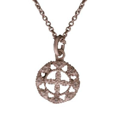 Dainty Sterling Silver With Rhodium Overlay Pendant Style Necklace. The Necklace Contains A Round Circle Shaped Cut Out Design Pendant With Clover Shaped Center And .002Ct X 8 Round Clear Cubic Zirconium Sto