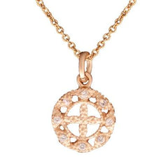 Dainty Sterling Silver With 14K Yellow Gold Overlay Pendant Style Necklace. The Necklace Contains A Circle Shaped Pendant With A Clover Shaped Center With .002Ct X 8 Round Clear Stones Around. This Pendant