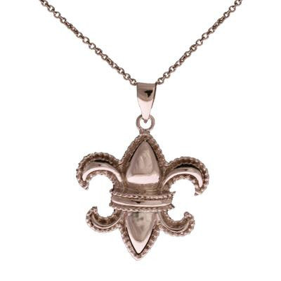 Trendy Sterling Silver With Rhodium Overlay Pendant Style Necklace. The Necklace Contains A Fleur De Lis Style Pendant Hanging. The Pendant Is Attached To A 16 Inch Chain And Is Available On A 18 Inch Chain