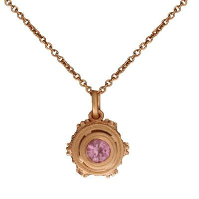 Dainty Sterling Silver With 14K Yellow Gold Overlay Matte Finish Pendant Style Necklace. The Pendant Is Three D And Contains .25Ct Round Pink Stone In Center With .002Ct X 6 Round Clear Cubic Zirconium Stone