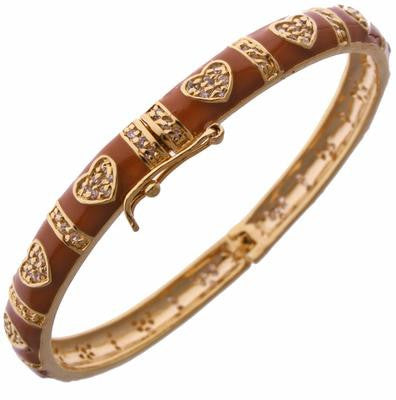 Designer Inspired Brass With A 14K Gold Overlay And Brown Enamel Bangle. Beautiful Heart Design Throughout Bangle.