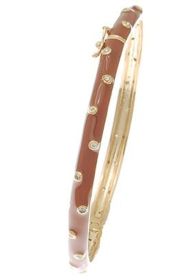 Designer Inspired Brass With A 14K Gold Overlay And Brown Enamel Bangle. Beautiful Dot Design Throughout Bangle.