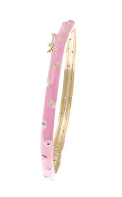Designer Inspired Brass With 14K Gold Overlay And Pink Enamel Bangle. Beautiful Dot Design Throughout Bangle.