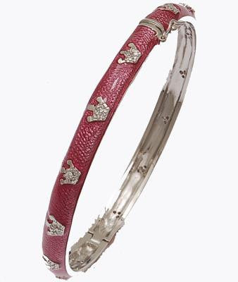 Designer Inspired Brass With A Rhodium Overlay And Rose Enamel Bangle. Beautiful Crown Design Throughout Bangle. Matching Ring Available. Rhodium Plated To Prevent Tarnishing.