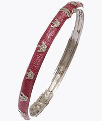 Designer Inspired Brass With A Rhodium Overlay And Rose Enamel Bangle. Beautiful Crown Design Throughout Bangle. Matching Ring Available. Rhodium Plated To Prevent Tarnishing.