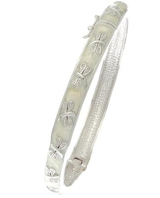 Designer Inspired Brass With A Rhodium Overlay And Cream Enamel Bangle. Beautiful Dragon Fly Design Throughout Bangle. Matching Ring Available.