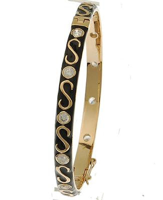 Designer Inspired Brass With A 14K Gold Overlay And Black Enamel Bangle. Beautiful Swirl Design Throughout Bangle. Matching Ring Available.