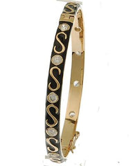 Designer Inspired Brass With A 14K Gold Overlay And Black Enamel Bangle. Beautiful Swirl Design Throughout Bangle. Matching Ring Available.