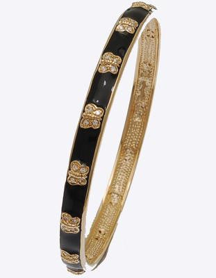Designer Inspired Brass With A 14K Gold Overlay And Black Enamel Bangle. Beautiful Butterfly Design Throughout Bangle. Matching Ring Available.