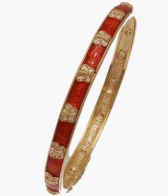 Designer Inspired Brass With A 14K Gold Overlay And Red Enamel Bangle. Beautiful Butterfly Design Throughout Bangle. Matching Ring Available.