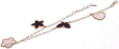 Designer Inspired Sterling Silver With A 14K Gold Overlay Bracelet. Cream Clover, And Heart, Black Star And Butterfly Enamel Charms Throughout Bracelet.