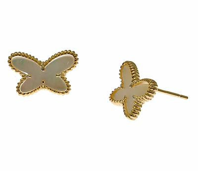Designer Inspired Sterling Silver With A 14K Gold Overlay Earrings. Adorable Mini Cream Enamel Butterflies In Each Ear.