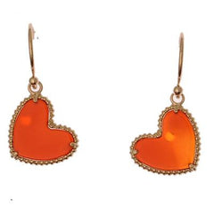 Designer Inspired Sterling Silver With A 14K Gold Overlay Hanging Earrings. Beautiful Hook Earrings With Carnelian Dangling Hearts.