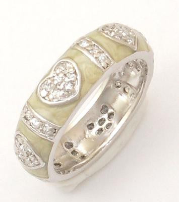 Adorable Designer Inspired Brass With A Rhodium Overlay And Cream Enamel Ring. Beautiful Heart Design Throughout Ring. Ring Is Rhodium Plated To Prevent Tarnishing.