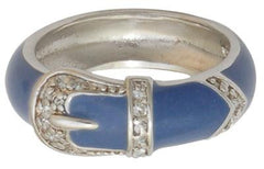 Beautiful Sterling Silver With Blue Enamel Designer Inspired Ring. Adorable Buckle Design. Ring Is Rhodium Plated To Prevent Tarnishing.