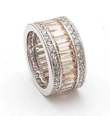 Stunning Sterling Silver Eternity Band Style Ring. This Ring Is Perfect For A Bride And Is Fit For Every Occasion. Princess Cut Champagne Cubic Zirconias Set In A Channel Setting Surround Entire Ring. Ring