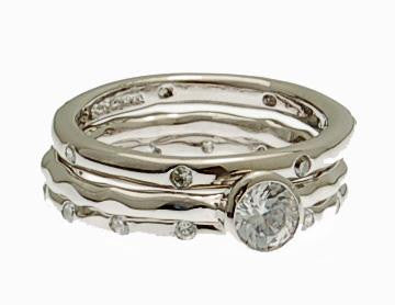 Designer Inspired Elegant Sterling Silver Hammered Triple Stacking Ring. Center Cubic Zirconium Stone. This Ring Adds Flair And Sparkle To Any Ensemble. Rhodium Plated To Prevent Tarnishing.