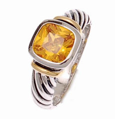 Designer Inspired Sterling Silver And Gold Overlay Two Tone Amber Stone Ring. Elegant Filigree Side Design. Rhodium Plated To Prevent Tarnishing.