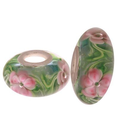 Designer Inspired Sterling Silver Core Green Swirl Kali Bead With Pink And Blue Flower Design Throughout. Add This Bead To Enhance Your Kali Bracelet.
